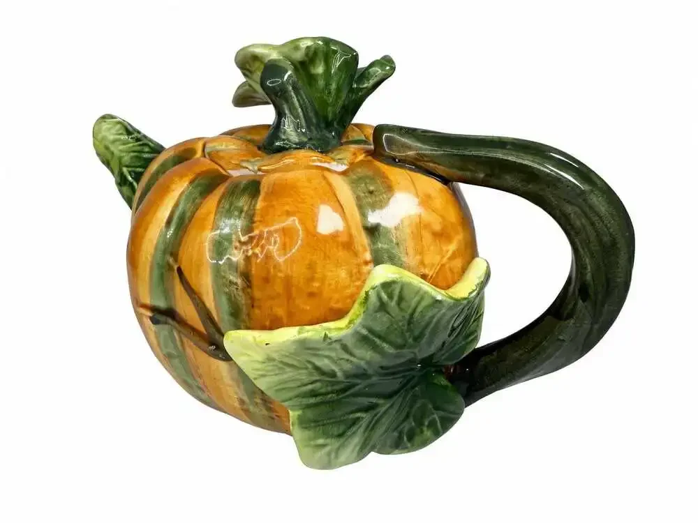Hand Painted Ceramic Pumpkin Teapot, Vintage Fall Serveware, Orange Green